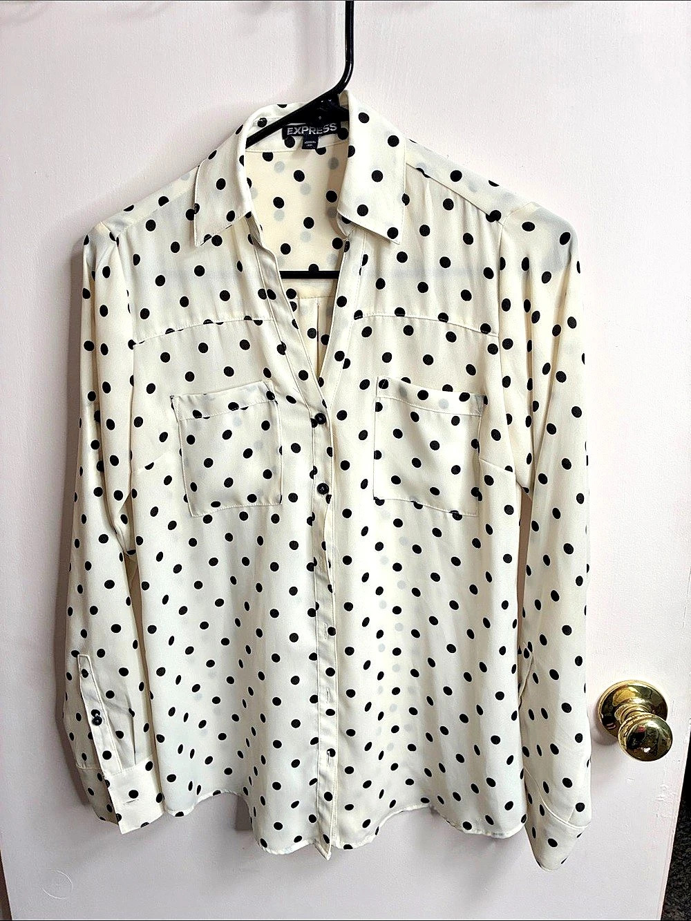 Express Polka Dot Button Down Blouse in White & Black Size XS
